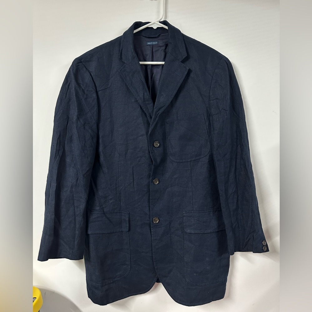 Vintage Polo Ralph Lauren Blazer Mens M Navy Blue Sport Coat 100% Linen 3 Button